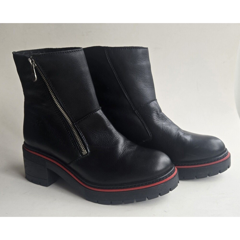 Bos & Co black leather chunky heel waterproof‎ Zap zip ankle boot, womens 6.5